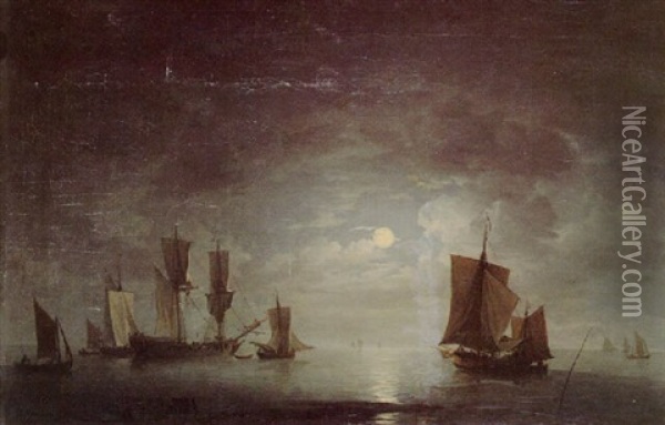 An English Frigate And Coastal Craft Becalmed By Moonlight Oil Painting - Charles Brooking