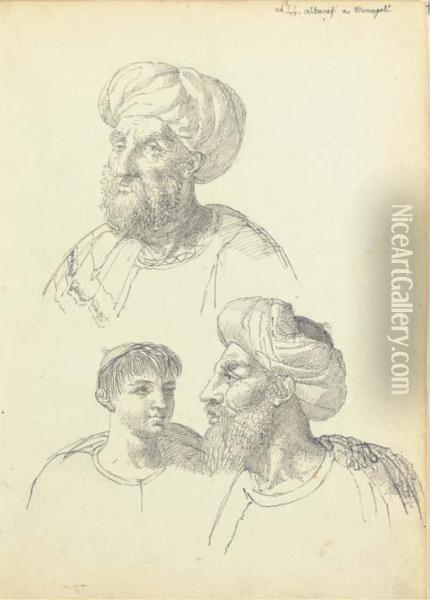Studies Of The Heads Of Two Albanians Wearing Turbans And Of Aboy Oil Painting - Guillaume Desire J. Descamps