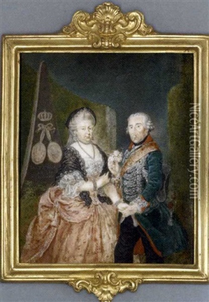 The Prussian Royal Silver Wedding Anniversary Portrait: Frederick The Great King Of Prussia Presenting A Posy Of Pink Roses, Holding The Right Hand Of His Wife, Elisabeth Christine Of Brunswick-bevern Oil Painting - Anton Friedrich Koenig