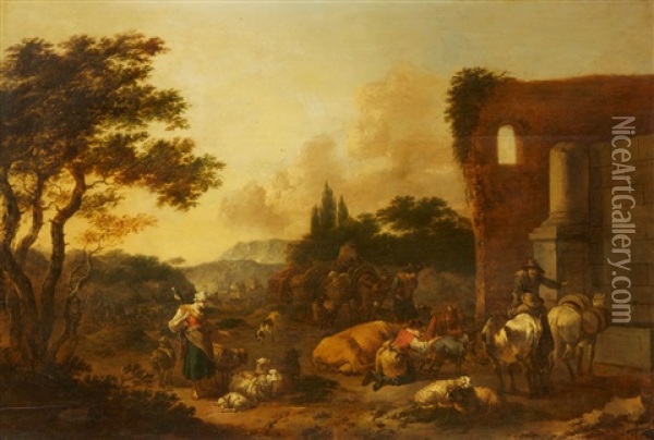 An Italianate Landscape With Shepherds And Ca Oil Painting - Jan Frans Soolmaker