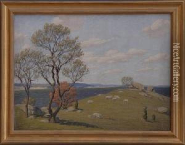 Landscape With Sheep And Sea In Distance Oil Painting - Andrew Thomas Schwartz