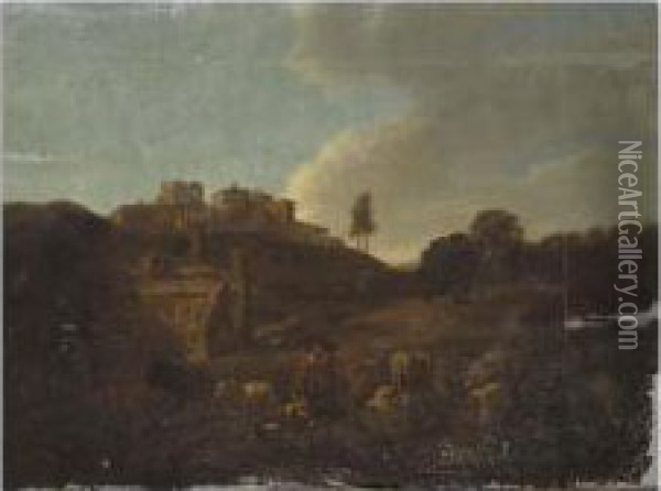 Southern Landscape With A Drover And Animals Resting Beside Classical Ruins Oil Painting - Jacob Van Der Does I