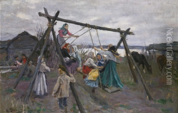 The Village Swing Oil Painting - Aleksei Stepanovich Stepanov