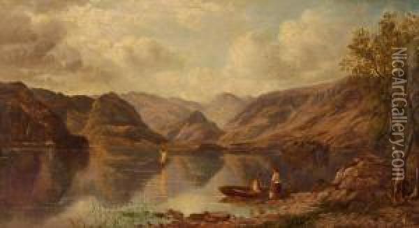Boats On Derwent Water Oil Painting - John Joseph Hughes