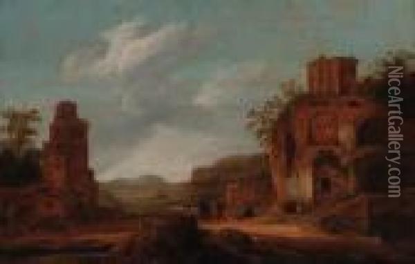 An Italianate Landscape With Travellers Before A Ruin Oil Painting - Dirck Verhaert