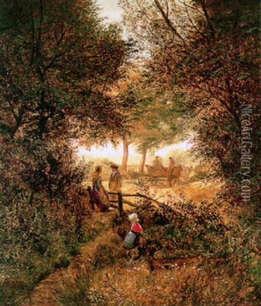 A Forest Landscape With A Girl In The Foreground And Figures And A Cart Beyond Oil Painting - George Shalders