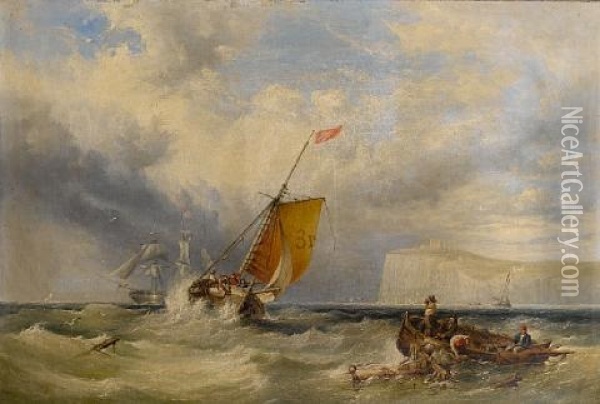 Pilot Cutter No. 3 Heading Back Inshore, With A Large Merchantman Hove-to Out In The Bay Oil Painting - Henry King Taylor