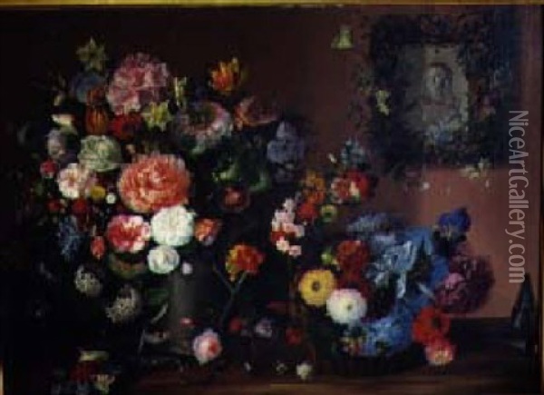 Still Life Of Flowers On A Ledge Oil Painting - Tommaso da Bescia Castellini