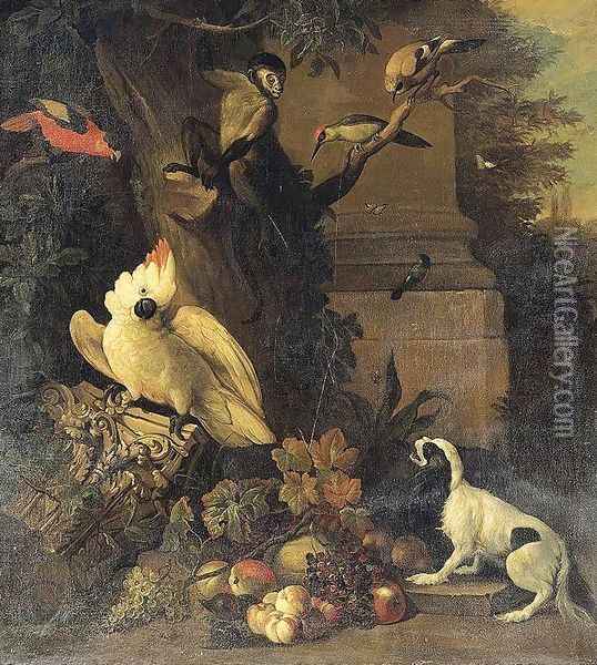 A Monkey, a Dog and Various Birds in a Landscape Oil Painting - Tobias Stranover