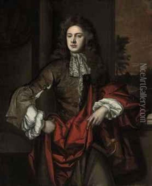 Portrait Of A Gentleman, 
Three-quarter-length, In A Jewel-encrusted Grey Coat With Lace Cravat 
And A Red Sash, In A Landscape Oil Painting - Sir Godfrey Kneller