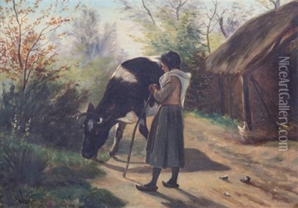 Untitled (young Girl And Cow) Oil Painting - Jules Montigny