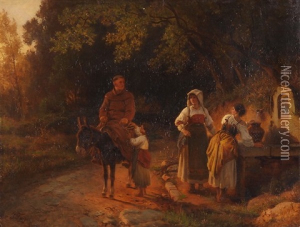 Romische Landfrauen Am Brunnen Und Ein Kapuziner Auf Einem Esel Oil Painting - Josef Fay