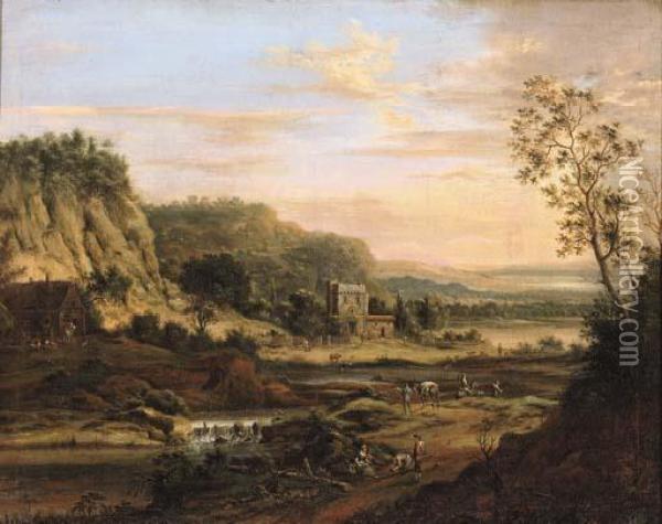 Peasants On A Road By A River In A Rhenish Landscape Oil Painting - Johann Christian Vollerdt or Vollaert