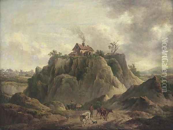 A drover and his cattle on a country road, a house on a hill top beyond Oil Painting - Charles Towne