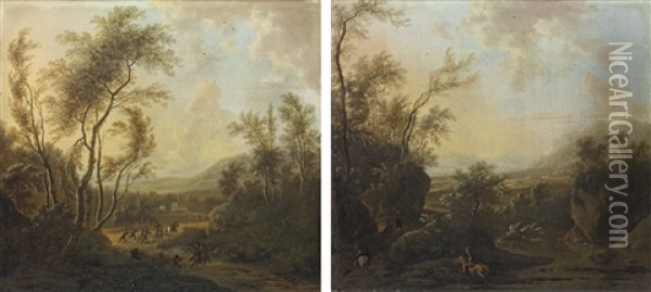 A Wooded Landscape With Cavalrymen (+ A Wooded Landscape With Huntsmen; Pair) Oil Painting - Frederick De Moucheron