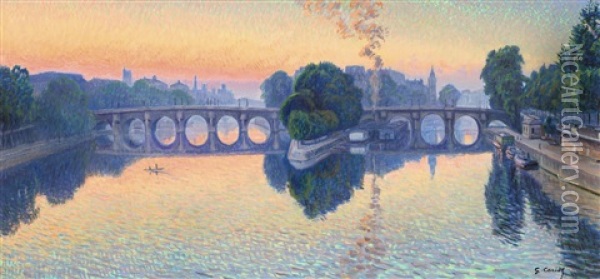 La Seine A Paris, Soleil Levant Sur Le Pont-neuf Oil Painting - Gustave Camille Gaston Cariot
