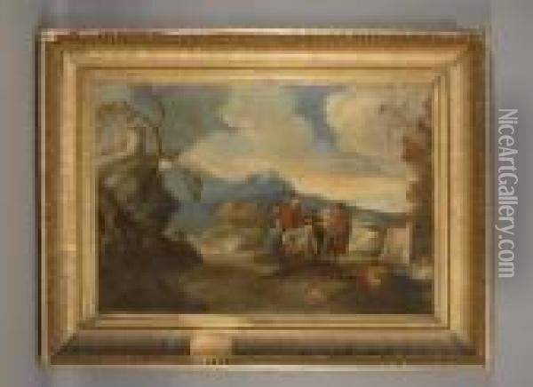 Paesaggio Con Figure Ed Armenti Oil Painting - Karel Dujardin