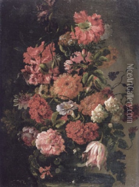 Still Life Of Carnations, Roses, Tulips, Convolvulus, Passion Flowers And Others In A Glass Vase On A Stone Ledge Oil Painting - Mario Nuzzi