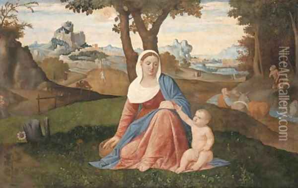 The Rest on the Flight into Egypt with the Penitent Saint Jerome in a wooded river landscape, Saint Antony Abbot and the Predication of the Baptist Oil Painting - Benedetto Diana