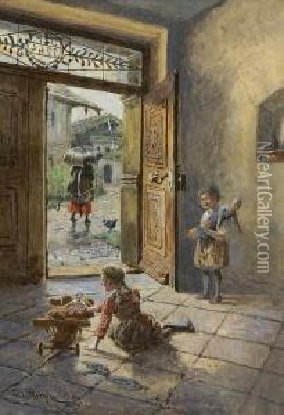 Spielende Madchen Im Hausflur. Oil Painting - Fritz Bergen