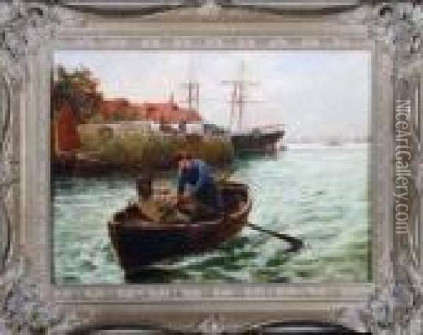 Two Men In A Rowing Boat On The River Tyne Oil Painting - Bernard Benedict Hemy