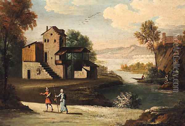 A river landscape with travellers on a track, a farmstead and anglers beyond Oil Painting - German School