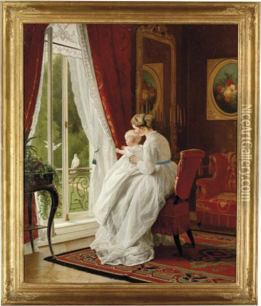 A Mother And Child Watching Doves At A Window Oil Painting - Carl Konrad Hertel