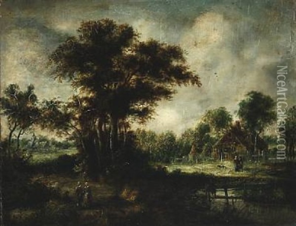 Landscape With Tall Trees And People Walking Along The River Oil Painting - Meindert Hobbema