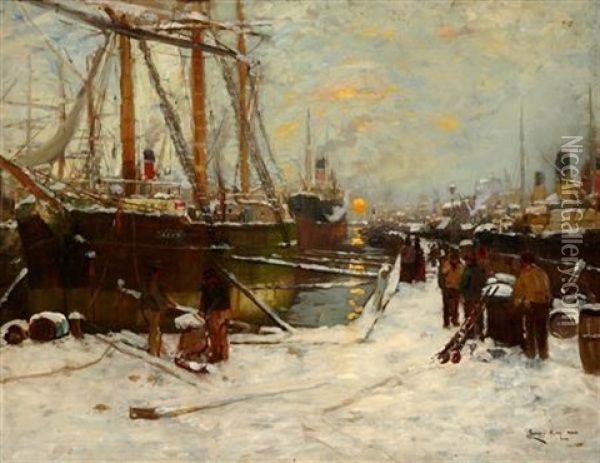 On A Snow Covered Quay Oil Painting - James Kay