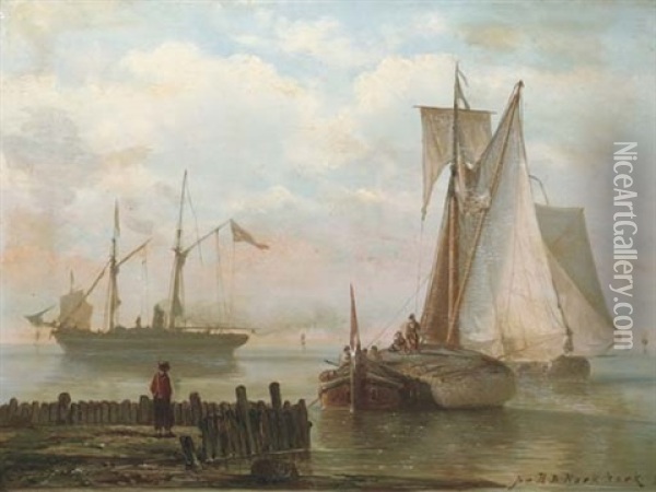 Sailing Vessels And A Steamship On A Calm Oil Painting - Johannes Hermanus Barend Koekkoek