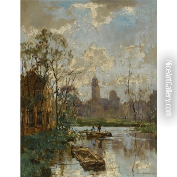 A View Of A Dutch Canal With A Bell Tower In The Background Oil Painting - Johan Hendrik van Mastenbroek