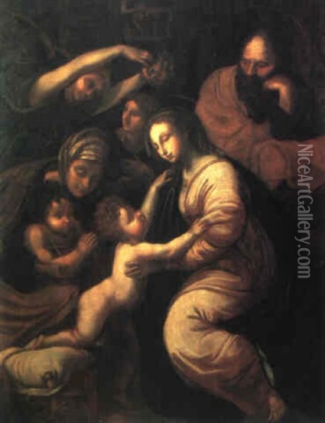 Die Heilige Familie Mit Dem Johannes-knaben, Der Hl. Anna   Und Zwei Engeln Oil Painting - Giovanni Mannozzi