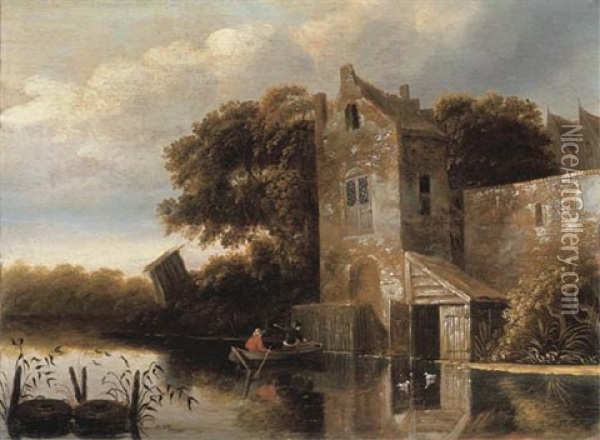 A River Landscape With Fishermen In A Rowing Boat, A Farmhouse Nearby Oil Painting - Michel van Vries