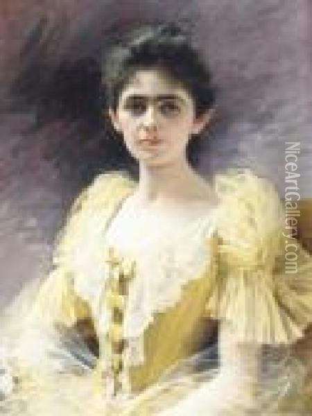 An Elegant Lady In A Yellow Dress Oil Painting - Edouard Bernard Debat-Ponsan