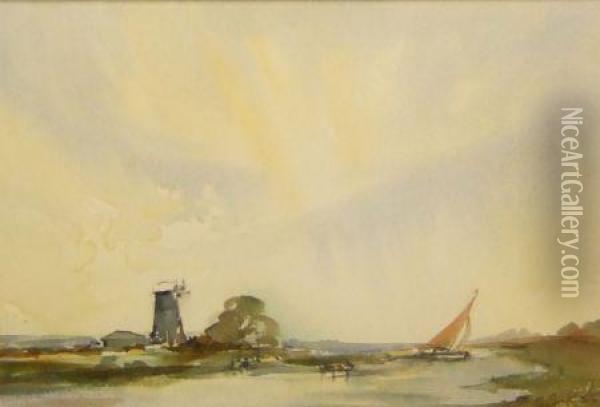 Broad Scene With Windmill Oil Painting - John Farquharson