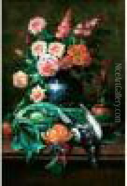Bouquet De Fleurs, Orange, Grappe De Raisin Sur Un
 Entablement Oil Painting - Max Carlier