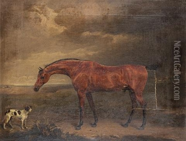 A Bay Hunter And A Pointer In A Landscape Oil Painting - Edmund Bristow