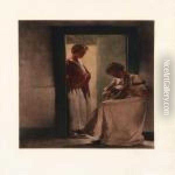 A Woman Plays Guitar In A Doorway Oil Painting - Peder Vilhelm Ilsted