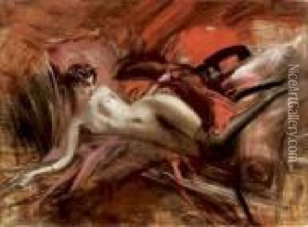 Nudo Di Donna Dalle Calze Scure Sdraiata Su Un Divano Oil Painting - Giovanni Boldini