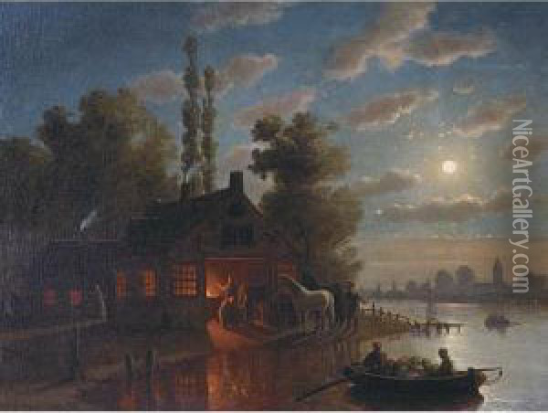 Blacksmith's Shop, Moonlight Oil Painting - Johann Mongels Culverhouse