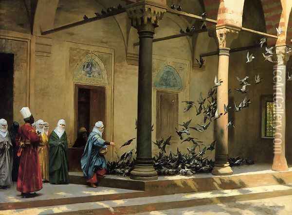 Harem Women Feeding Pigeons in a Courtyard Oil Painting - Jean-Leon Gerome