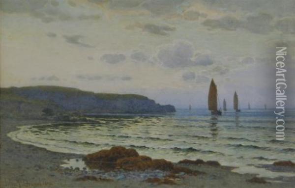 Coastal Landscape With Sailing Boats At Sea Oil Painting - John Mcdougal