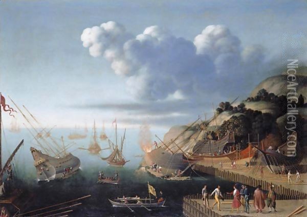 A Ship-Building Port Oil Painting - Agostino Tassi