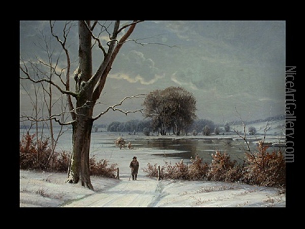 Spazierganger Vor Verschneiter Winterlandschaft Und See Oil Painting - Anders Andersen-Lundby
