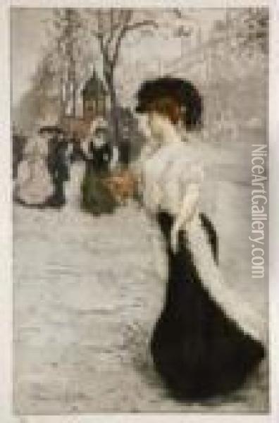 Femmes Sur Les Boulevards, Vers 1906. Oil Painting - Manuel Robbe
