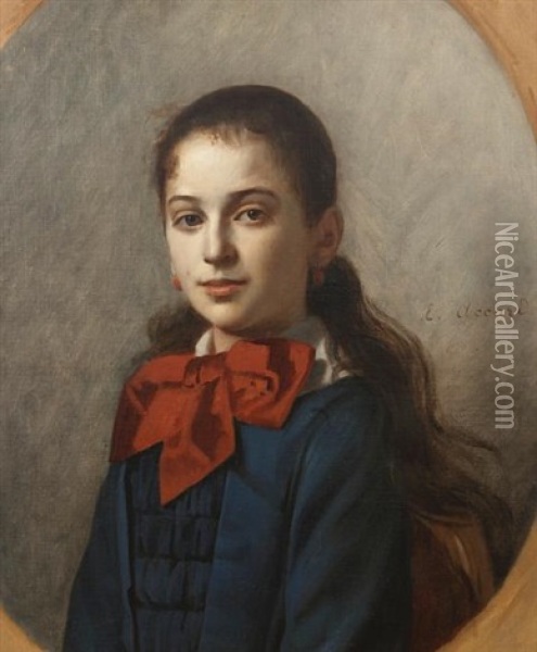 A Portrait Of A Young Lady Wearing A Red Bow (+ 2 Others; 3 Works) Oil Painting - Eugene Accard