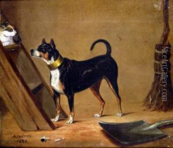 Terrier And Cat, In A Barn Oil Painting - Henry Calvert