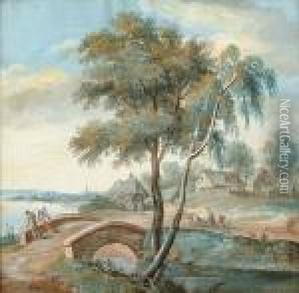 Village By A Lake With Two Figures On A Bridge And On The Bank Beyond Oil Painting - Marco Ricci