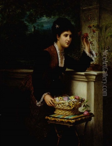 An Elegant Lady Arranging Flowers On A Balcony Overlooking A Landscape Oil Painting - Bernardo Amiconi