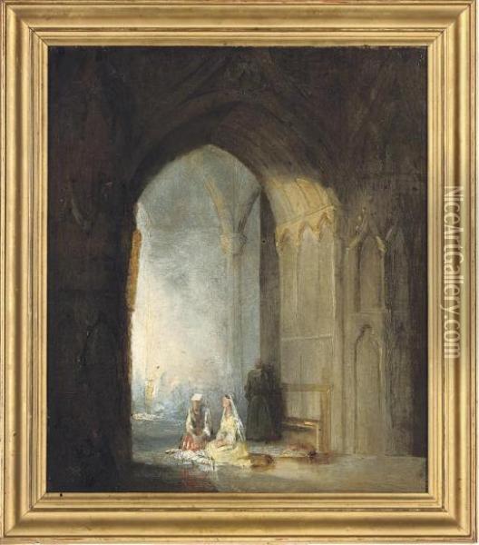 Figures Seated In A Church Oil Painting - Alfred Gomersal Vickers